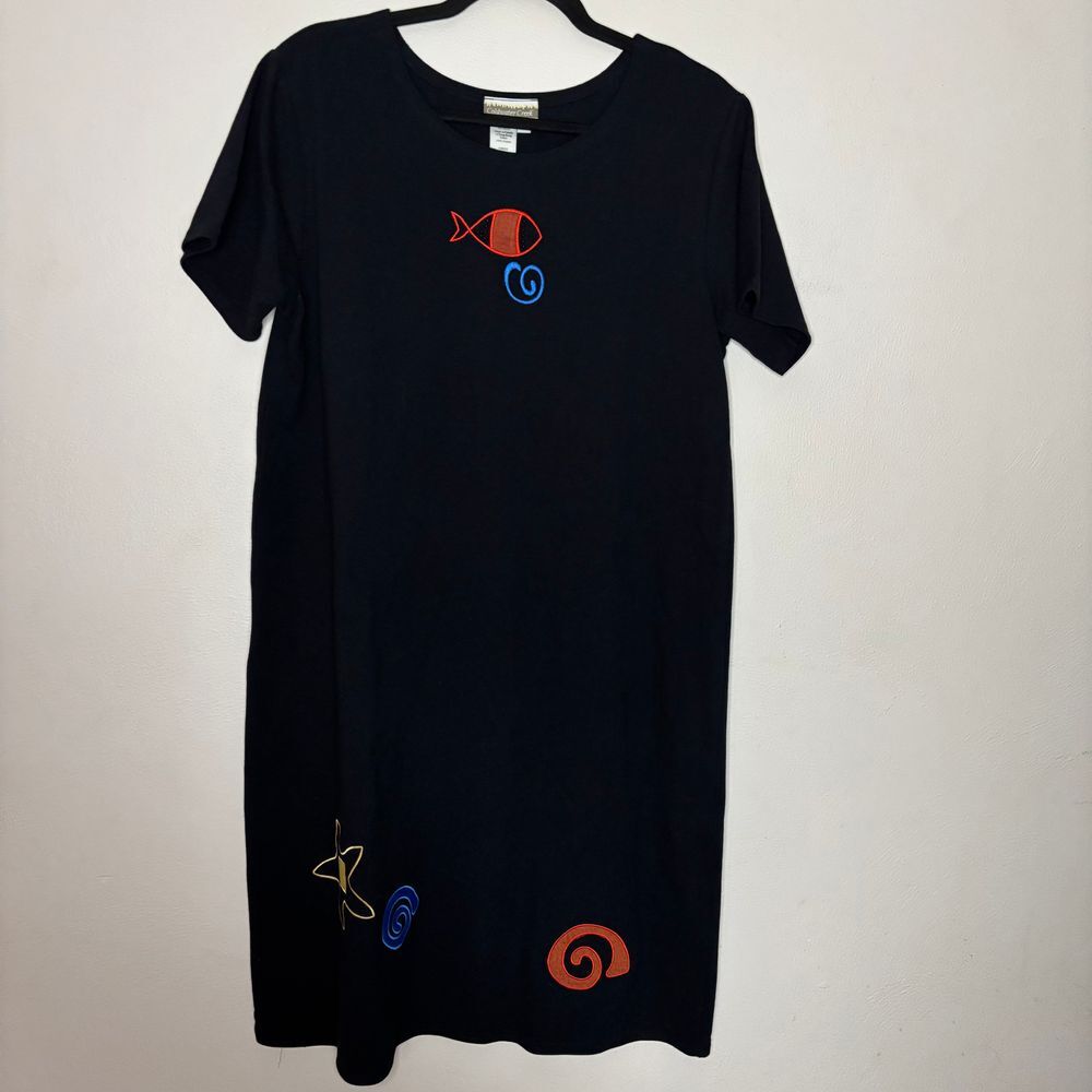 Coldwater Creek Dress Womens Large Black Fish Vanity Print‎ Beach Vintage Midi